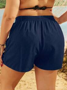 Swim Lushoire Plus Size Women Black Hollow Bowknot Decor Beach Shorts Black Shorts Women - Navy Blue - View 2