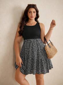 Elaquor Plus Size Boho Summer Square Neck Patchwork Ditsy Floral Sleeveless Dress,Beach Dress Sundress,Holiday Outfits