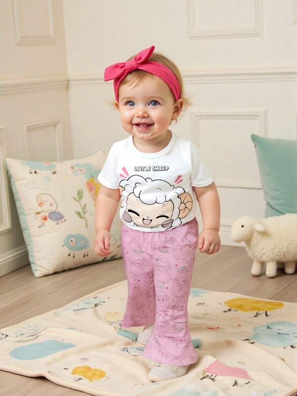 SHEIN 2 Stücke/Set lässige, alltagstaugliche, niedliche Outfit-Sets mit Cartoon-Schaf-Muster für Kleinkind-Mädchen, geeignet für Outdoor-Aktivitäten, Festivals, Eid Al-Adha, passend von 6 Monaten bis 3 Jahren