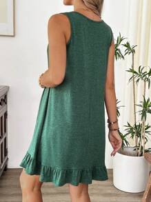 SHEIN Maternity Solid Color Round Neck Ruffle Hem Sleeveless Casual Dress - Dark Green - View 2