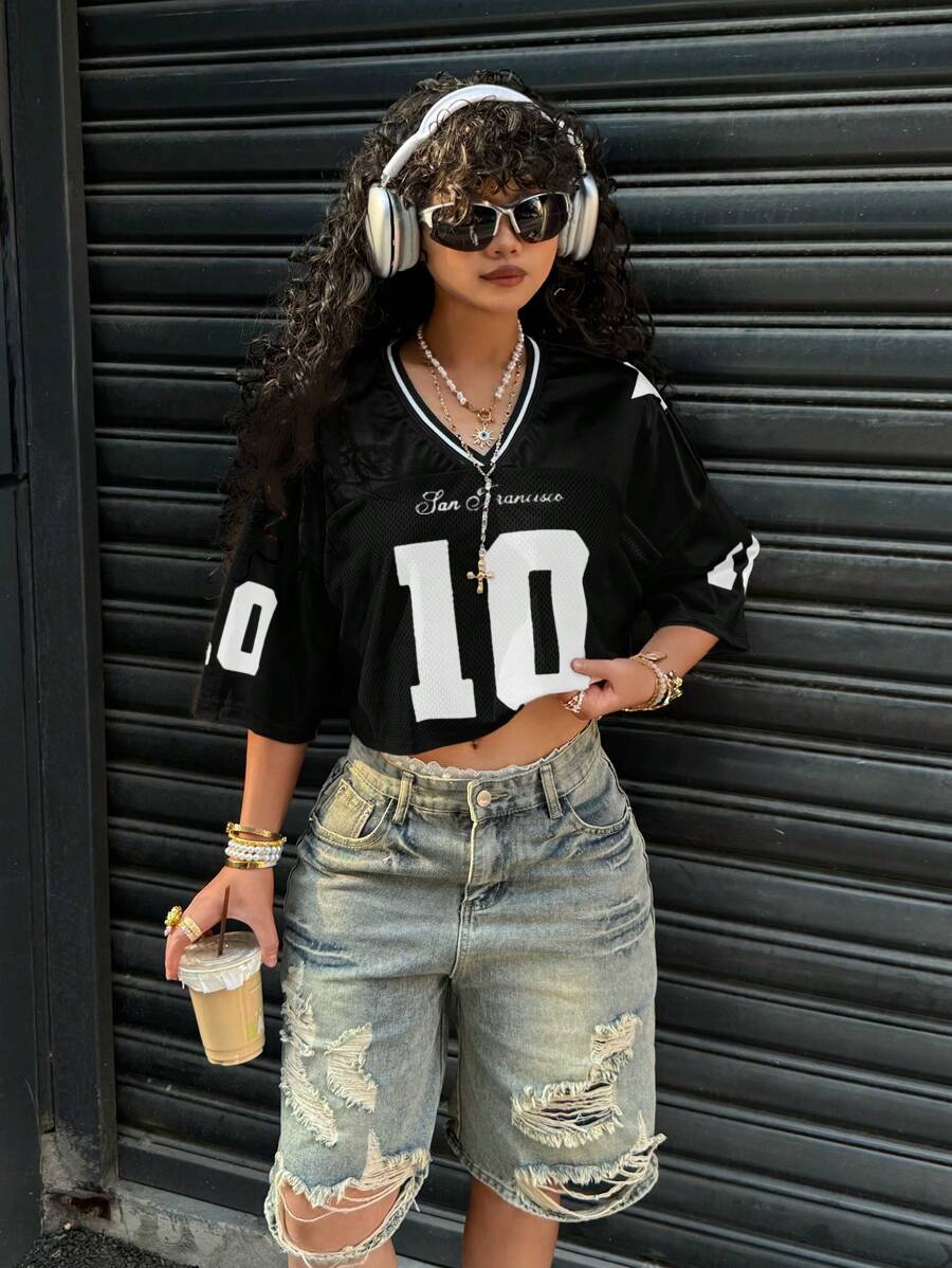 Muchica 1pc Black Satin & Mesh Panels Graphic Print T-Shirt, Minimalist & Fashionable, Suitable For Summer,Rave Top