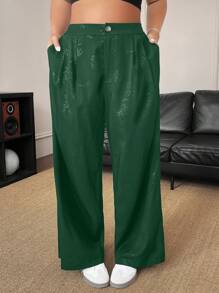 SHEIN LUNE Plus Size Women's Pockets Loose Wide Leg Pants With Embossed Pattern - Dark Green - View 1