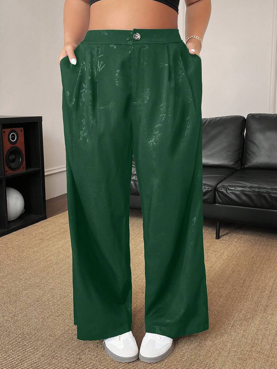 SHEIN LUNE Plus Size Women's Pockets Loose Wide Leg Pants With Embossed Pattern - Dark Green - View 1