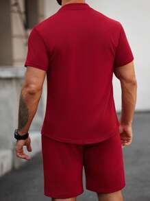 Manfinity Homme Plus Size Men's Letter & Floral Print Short Sleeve Single-Breasted Shirt And Shorts Casual 2 Pieces Set - Red - View 2