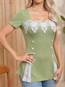Vacation Casual Color Blocking Lace Patchwork Square Neck Short Sleeve T-Shirt - Mint Green - View 4