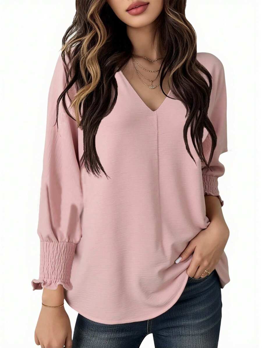 SHEIN LUNE Women's Solid Color Lapel Long Sleeve Patchwork Blouse - Dusty Pink - View 1