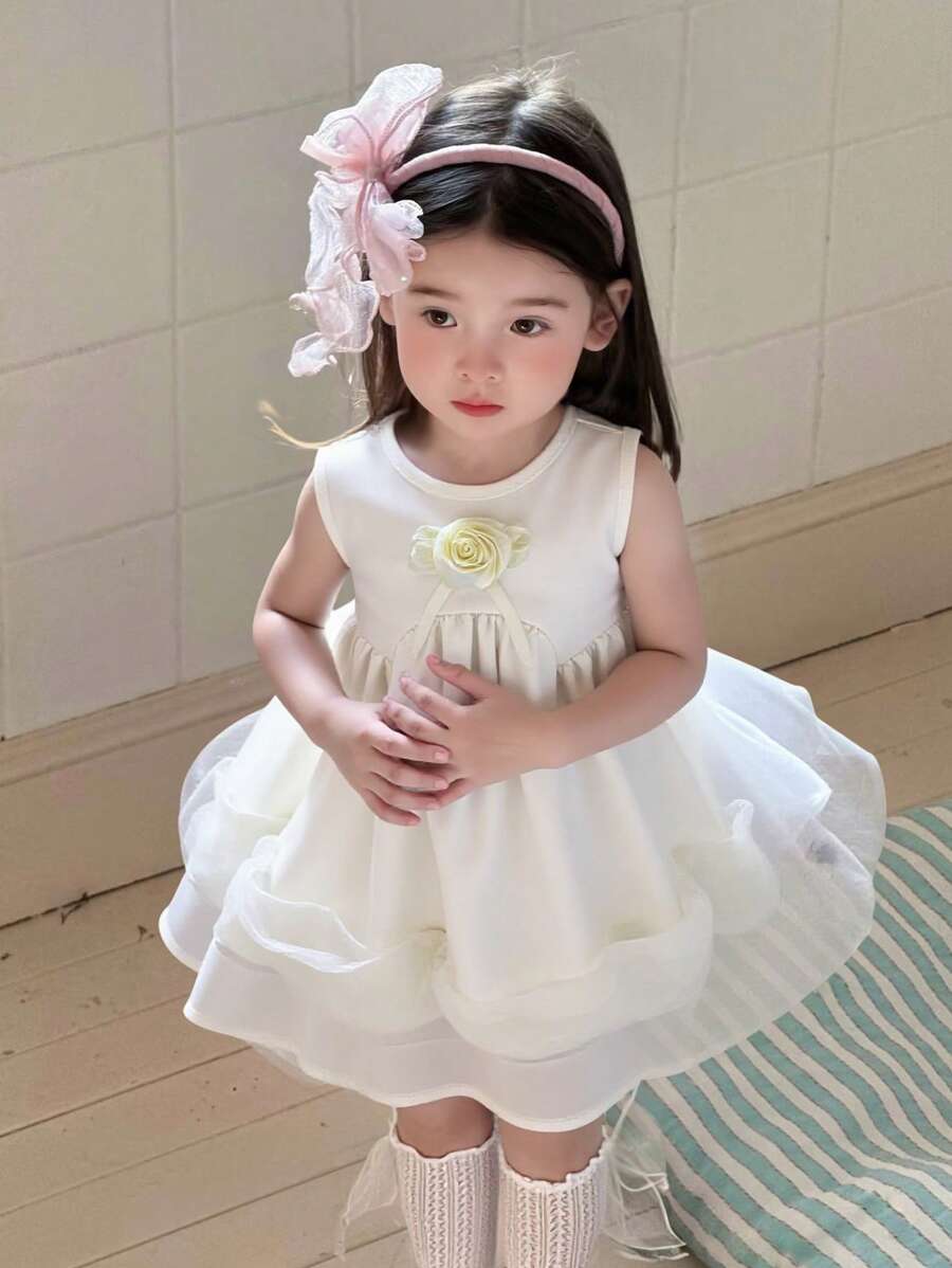 Váy công chúa không tay lưới xếp nếp họa tiết hoa thanh lịch cho bé gái, mùa hè - Màu be - Xem 1