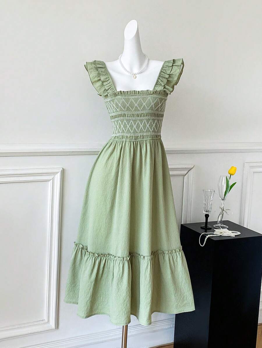 Comfortcana 女士度假休闲荷叶边下摆连衣裙，鼠尾草绿色连衣裙，波西米亚风女装 - 綠色 - 查看 1