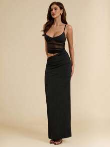 SHEIN BAE Abito canotta estivo nero traslucido plissettato e traforato, abito sexy da vacanza, abito trasparente