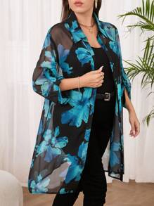 SHEIN Clasi Blusa holgada con estampado floral, manga con volantes y talla grande para vacaciones de mujer