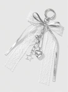 ROMWE Kawaii 1 件优雅简约可爱时尚优质白色蕾丝皮革蝴蝶结星心形装饰银链钥匙扣，适合女性、日常佩戴或送礼