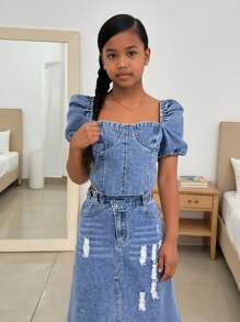 Denimly Tween Girls Vintage Casual Urban Preppy Cropped Top With Square Neckline, Puff Sleeves, Back Zippered Closure And Denim Mid-Length Skirt With Distressed Details, Elastic Waistband, Zipper Closure, Side Slit And Frayed Hem, 2 Pieces Set - Medium Wash - View 5