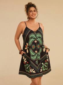 Travachic Plus Size Women Summer Tropical Plant Print Pocket Casual Vacation Cami Dress, Black - Black - View 4