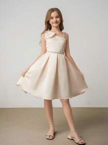 Tween Girl 无袖单肩蝴蝶结腰部 A 字型优雅简约婚礼派对礼服（配腰带） - 杏色 - 查看 3