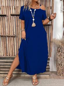 Plus Size Women's Solid Color Simple Daily Dress, For Thanksgiving Maxi Women Outfit - Blue - View 1