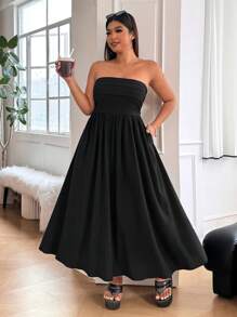 Solflare Đầm suông xếp ly màu trơn thanh lịch thường ngày cỡ lớn cho nữ - màu đen - Xem 4