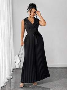 Elenzga Plus Size Women Lapel Neck Sleeveless Cinched Waist Pleated Wide Leg Jumpsuit