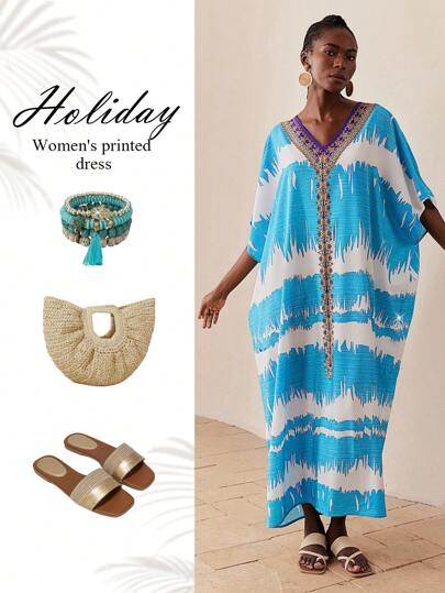 SHEIN Lady 春夏 Abaya 连衣裙 蓝色和白色朴素连衣裙 女士度假装 女士夏季服装 女士夏季连衣裙 度假夏季连衣裙 女士优雅连衣裙 女士连衣裙