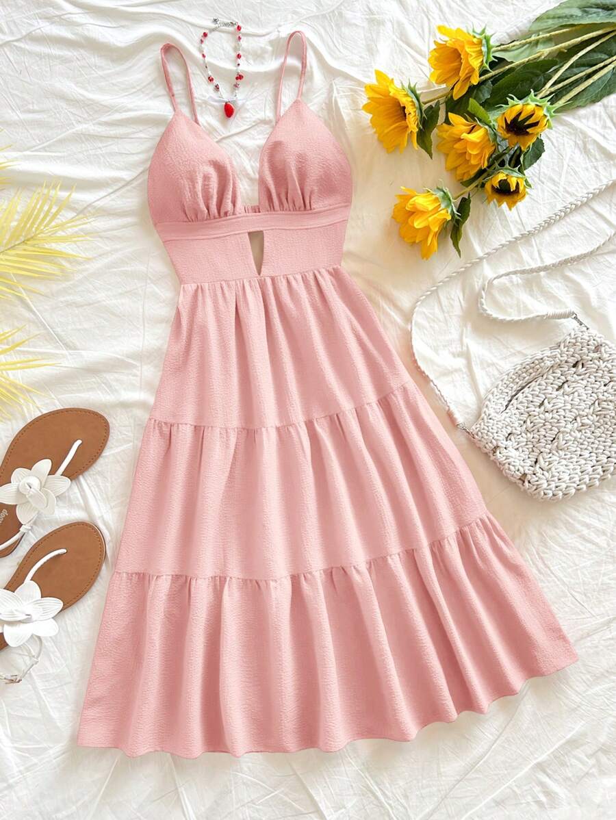 Soleia Women's Solid Color Ruffled Hem Spaghetti Strap Vacation Dress,Summer Dresses For Women - Pink - View 1