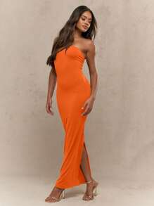 MISSGUIDED Strapless Bodycon Midaxi Dress Evening Party Form-Fitting Sleeveless Bandeau Stretch Long Fitted Elegant Formal Special Occasion Wedding Guest - Burnt Orange - View 4