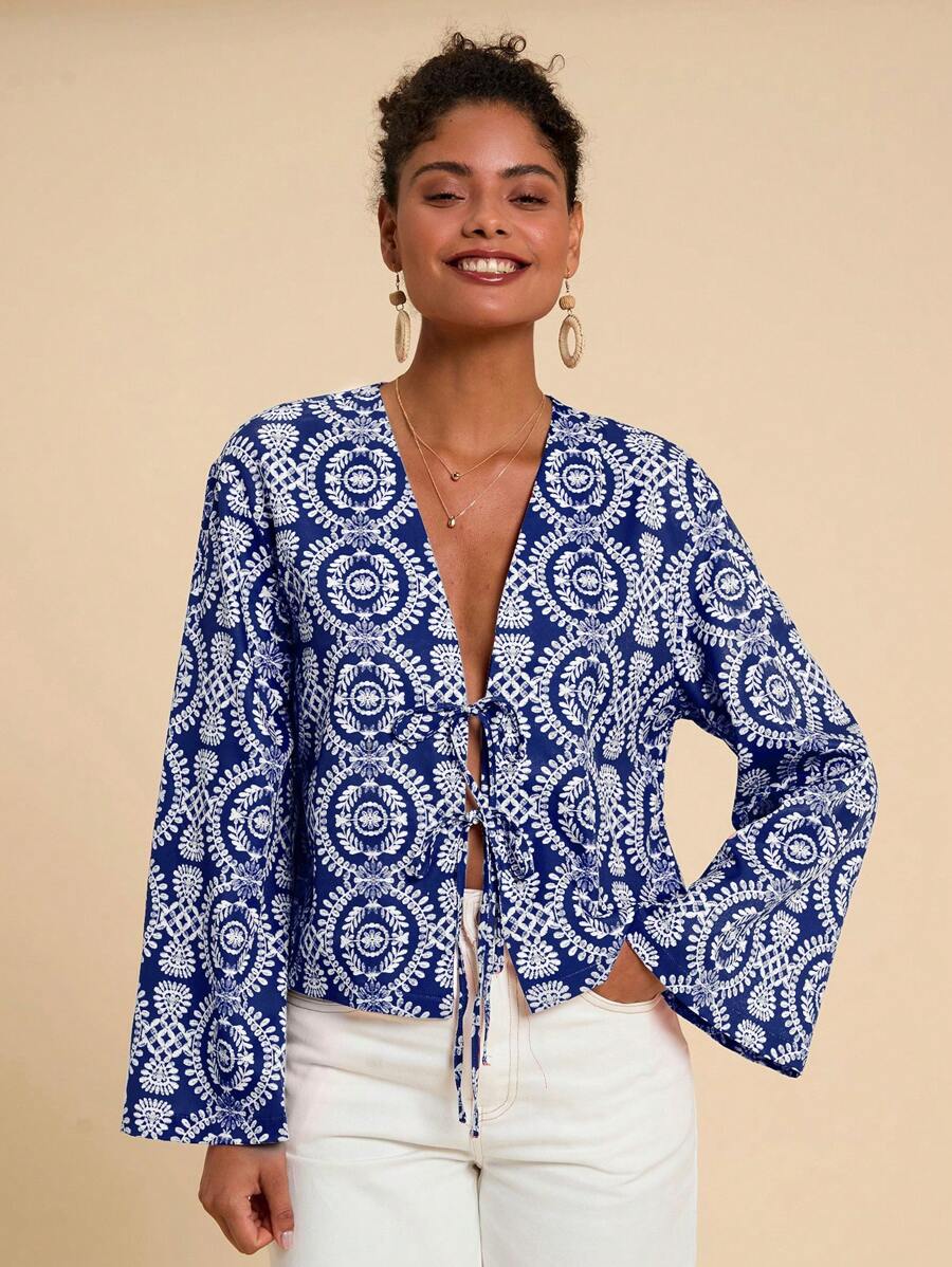 Travachic Vacation Woven Print Tie Front Bow Long Sleeve Loose Blouse For Women,Summer,Beachwear,Easter,Beach,Spring Break,Vacation Women,Concert,BOHO,Bohemia,Music Festival,Tropical Vacation - Blue - View 1