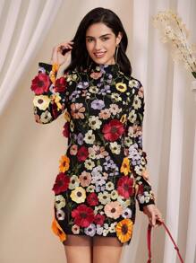 Almamuse Vestido corto minimalista para mujer con cuello alto, manga larga y bordado en red