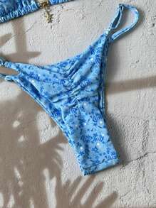 Swim Vcay 女士夏季沙滩装两件套，随机花卉印花细肩带金属装饰比基尼和丁字裤 - 藍色 - 查看 6