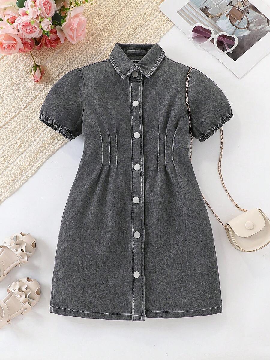 SHEIN 夏季年轻女孩洗水牛仔翻领荷叶边袖系带牛仔连衣裙 - 灰色 - 查看 1
