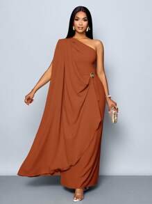 SOLERSUN 女士时尚优雅垂坠单肩长裙，配金色饰边细节 - 咖啡棕 - 查看 5