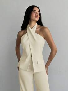 Aloruh Top sans manches de couleur unie avec fente latérale et col ras-du-cou, convient pour le trajet domicile-travail - Nude - Voir 6