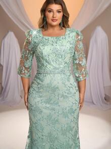 Serin Đầm dự tiệc đuôi cá tay midi đính hạt và ren đính đá màu xanh navy sang trọng lãng mạn cỡ lớn, thích hợp cho tiệc Gala, đám cưới, tiệc tối, mẹ cô dâu - màu xanh lá - Xem 1