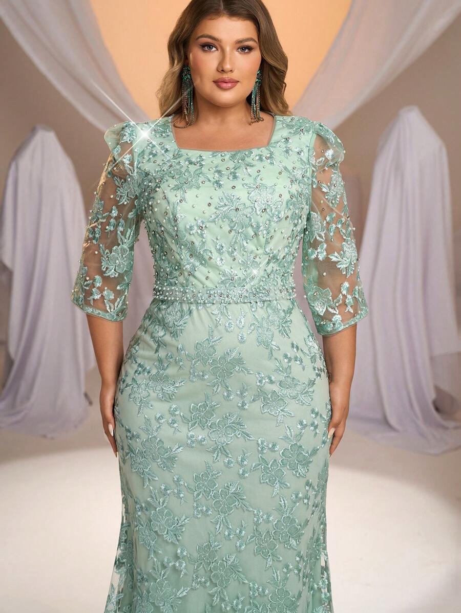 Serin Đầm dự tiệc đuôi cá tay midi đính hạt và ren đính đá màu xanh navy sang trọng lãng mạn cỡ lớn, thích hợp cho tiệc Gala, đám cưới, tiệc tối, mẹ cô dâu - màu xanh lá - Xem 1