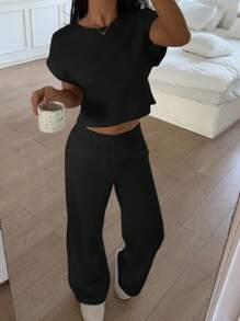 CovetEZ 女士黑色针织短袖上衣和裤子家居服套装