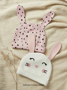 Cozy Pixies 2pcs/Set Soft & Comfortable Baby Pink Bunny Ear Embroidered Knit Hat - Multicolor - View 1