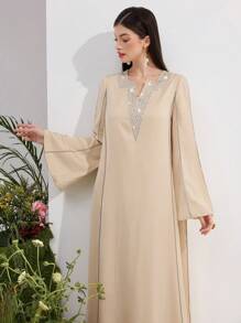 Al Najma Women's V-Neck Loose Long Sleeve Rhinestone Decorated Arabic Style Dress, Modest - Apricot - View 5