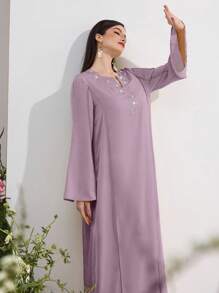 Al Najma Women's Elegant Rhinestone Embellished Bell Sleeve Arabic Style Dress, Modest