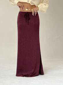 Aloruh Elegant Office Wear Low Waist Satin Pleat Detail Ankle-Length Skirt, Versatile, Dark Purple - Burgundy - View 4