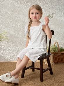 Blossori Young Girls' Elegant French Style White Embroidered Woven Blouse With Ruffle Sleeves & Matching Pants Suit, Spring/Summer