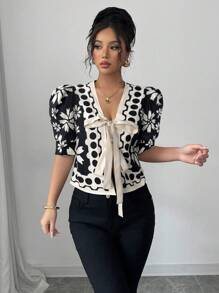 Elenzga 对称花卉度假休闲系带蝴蝶结装饰优雅短袖衬衫 - 彩色 - 查看 3