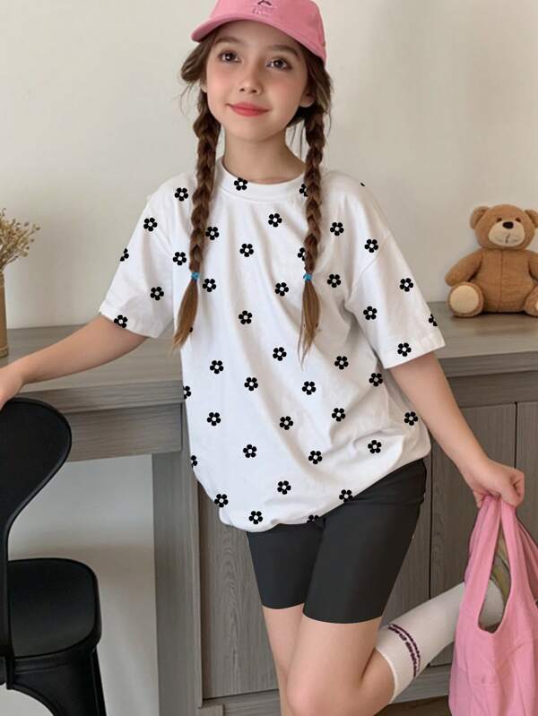 SHEIN Ensemble de 2 pièces avec t-shirt à manches courtes et short, imprimé à pois et fleurs, décontracté et simple, pour jeunes filles, convient pour l'été
