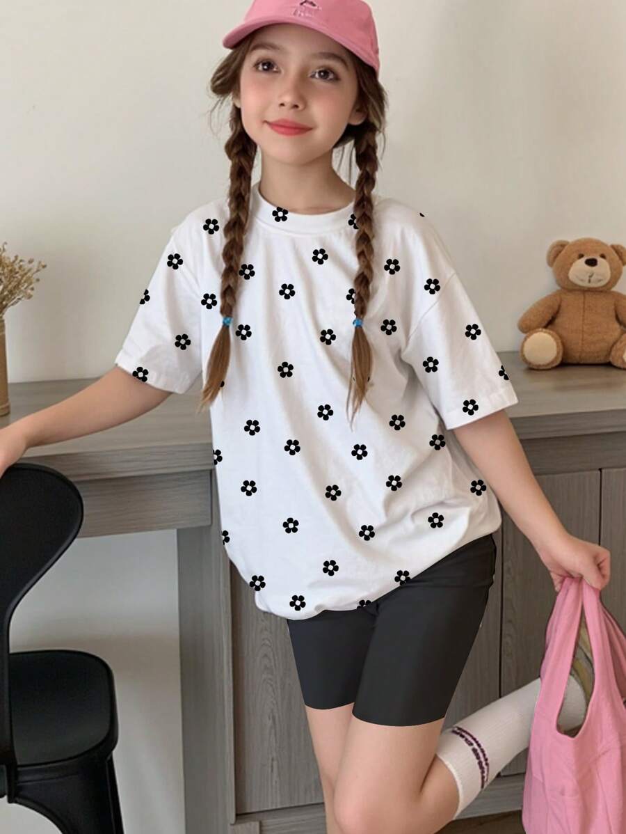 SHEIN Ensemble de 2 pièces avec t-shirt à manches courtes et short, imprimé à pois et fleurs, décontracté et simple, pour jeunes filles, convient pour l'été