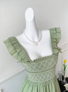 Comfortcana 女士度假休闲荷叶边下摆连衣裙，鼠尾草绿色连衣裙，波西米亚风女装 - 綠色 - 查看 4