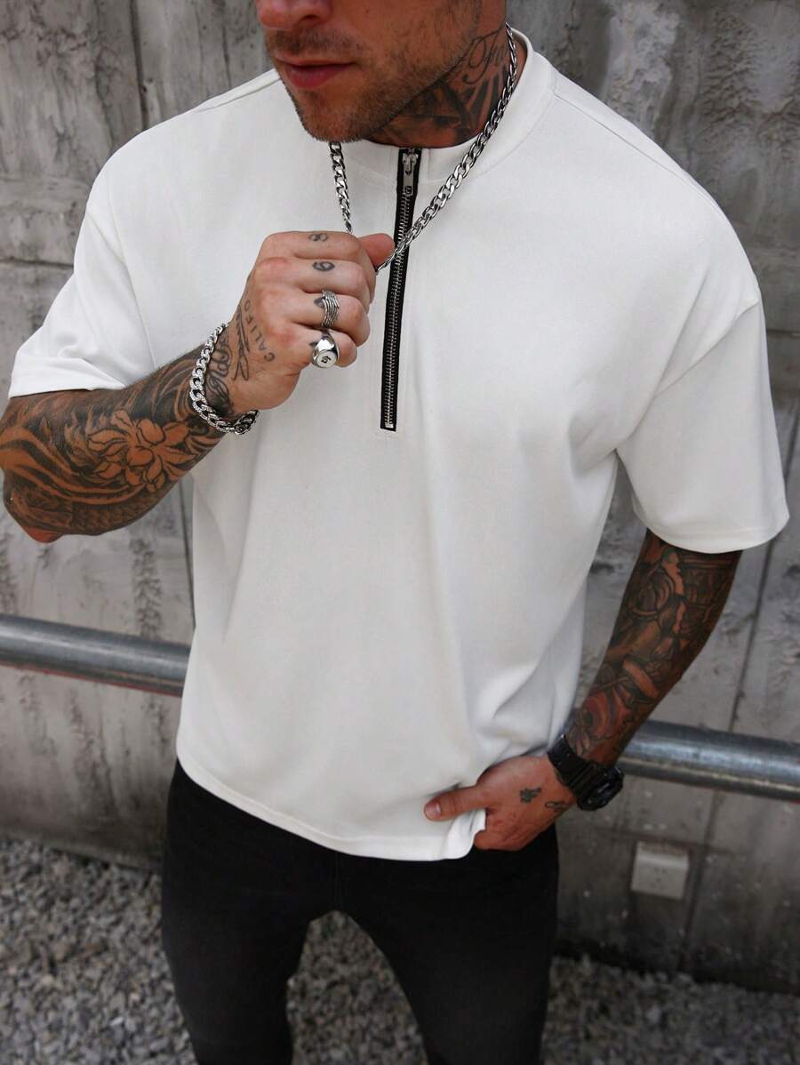 Manfinity Homme 男士休闲短袖纯色 Polo 衫，前拉链，夏季