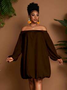 Maweii Plus Size Solid Color Off-Shoulder Long Sleeve Elastic Waist Short Dress Fall - Coffee Brown - View 4