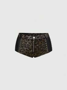 ROMWE Hippie Women's Leopard Print Rivet Beaded Zip Front Sexy Shorts - Black - View 1