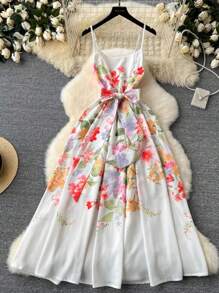 Chiquease Spaghetti Strap Cinched Waist Printed Maxi Vacation Dress - White - View 4