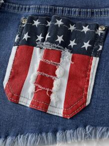 ROMWE Avant American Flag Patchwork Distressed Low Waist Denim Shorts - Blue - View 4
