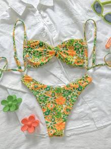 SHEIN Swim Women Ditsy Floral Tie Knot Halter High Cut Sexy Spaghetti Strap Bikini Set, Summer Beachwear