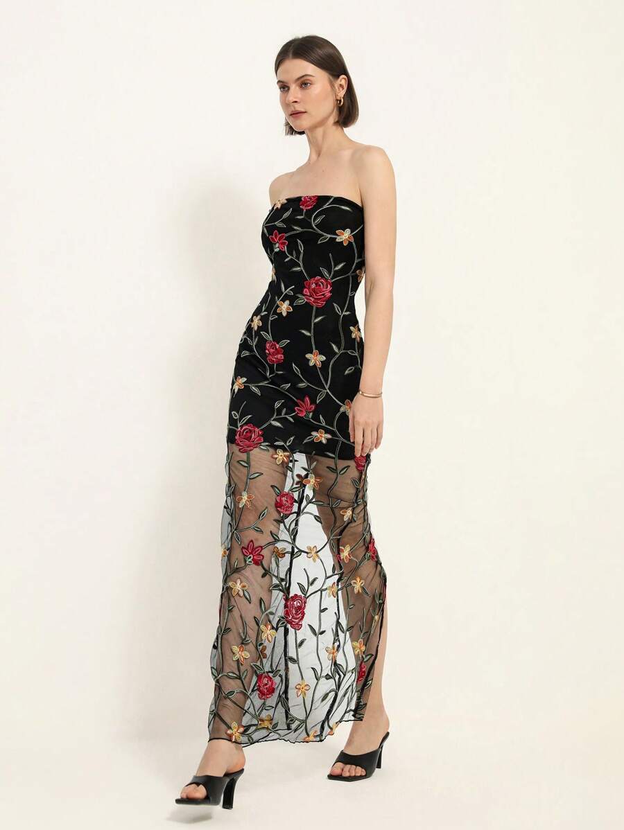 Aveloria Rosie Elegant Romantic Heavy Lace Mesh Long Dress, Sexy Sheer Strapless Design All Over Print  For Summer Spring Fall Autumn