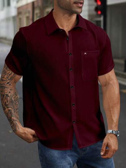Manfinity Homme Koszula męska w jednolitym kolorze z przodu, z krótkim rękawem, swobodna, na lato